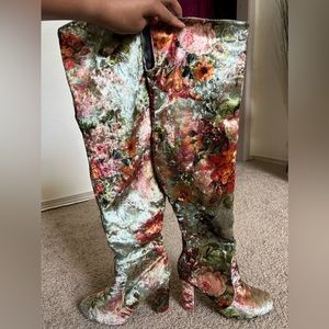 Velvet Floral Over the Knee Boots